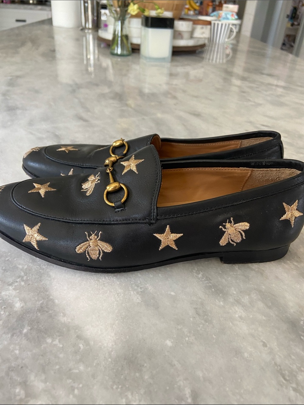 Gucci Black Leather Horsebit Loafers with Gold Embroidered Stars & Bees - Picture 3 of 9